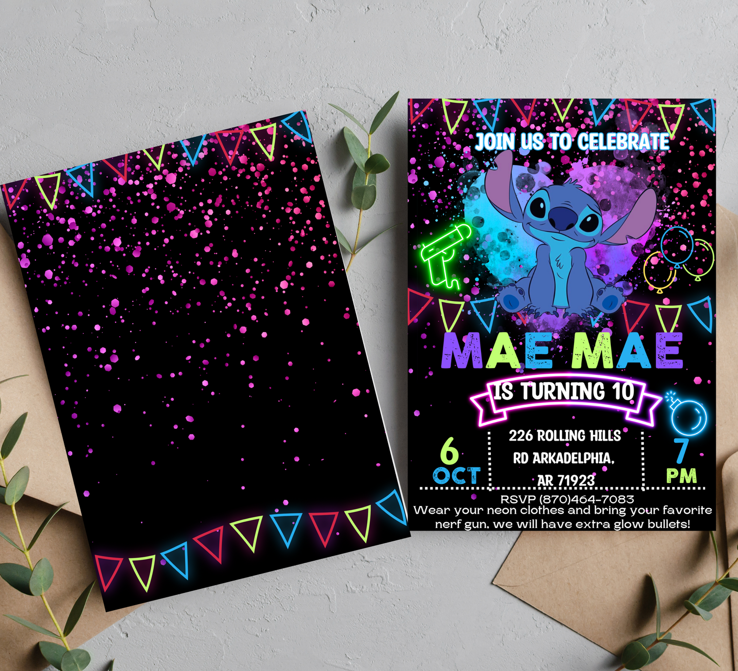 Stitch Neon Nerf Gun Birthday Invitation | Glow Party Battle Invite | Editable Template