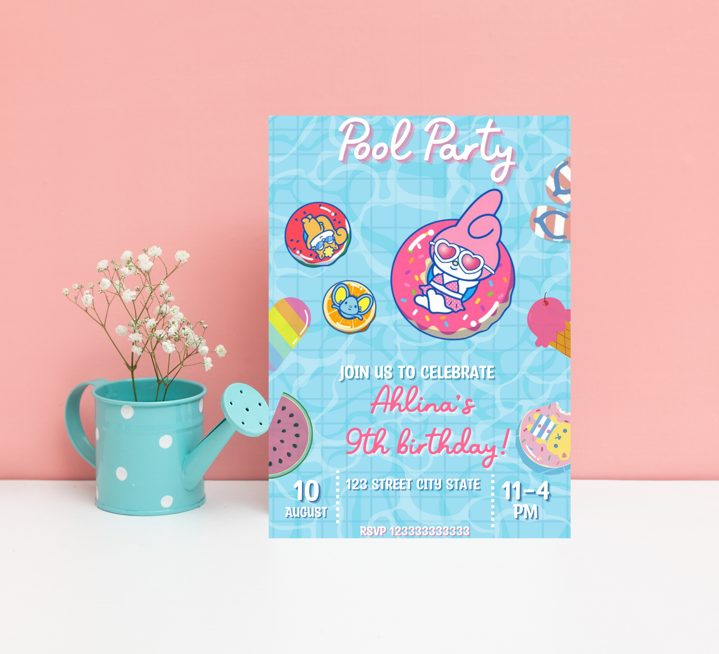 My Melody Pink Pool Birthday Invitation | Kawaii Summer Party Invite | Editable Template | Cute Sanrio Pool Party Birthday