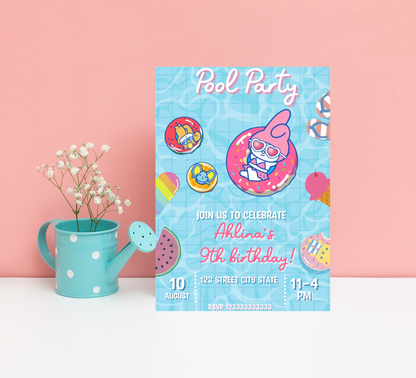 My Melody Pink Pool Birthday Invitation | Kawaii Summer Party Invite | Editable Template | Cute Sanrio Pool Party Birthday