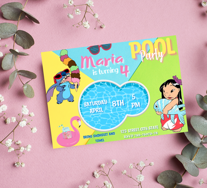 Stitch and Lilo Green Pool Birthday Invitation | Tropical Summer Swim Party | Editable Canva Template