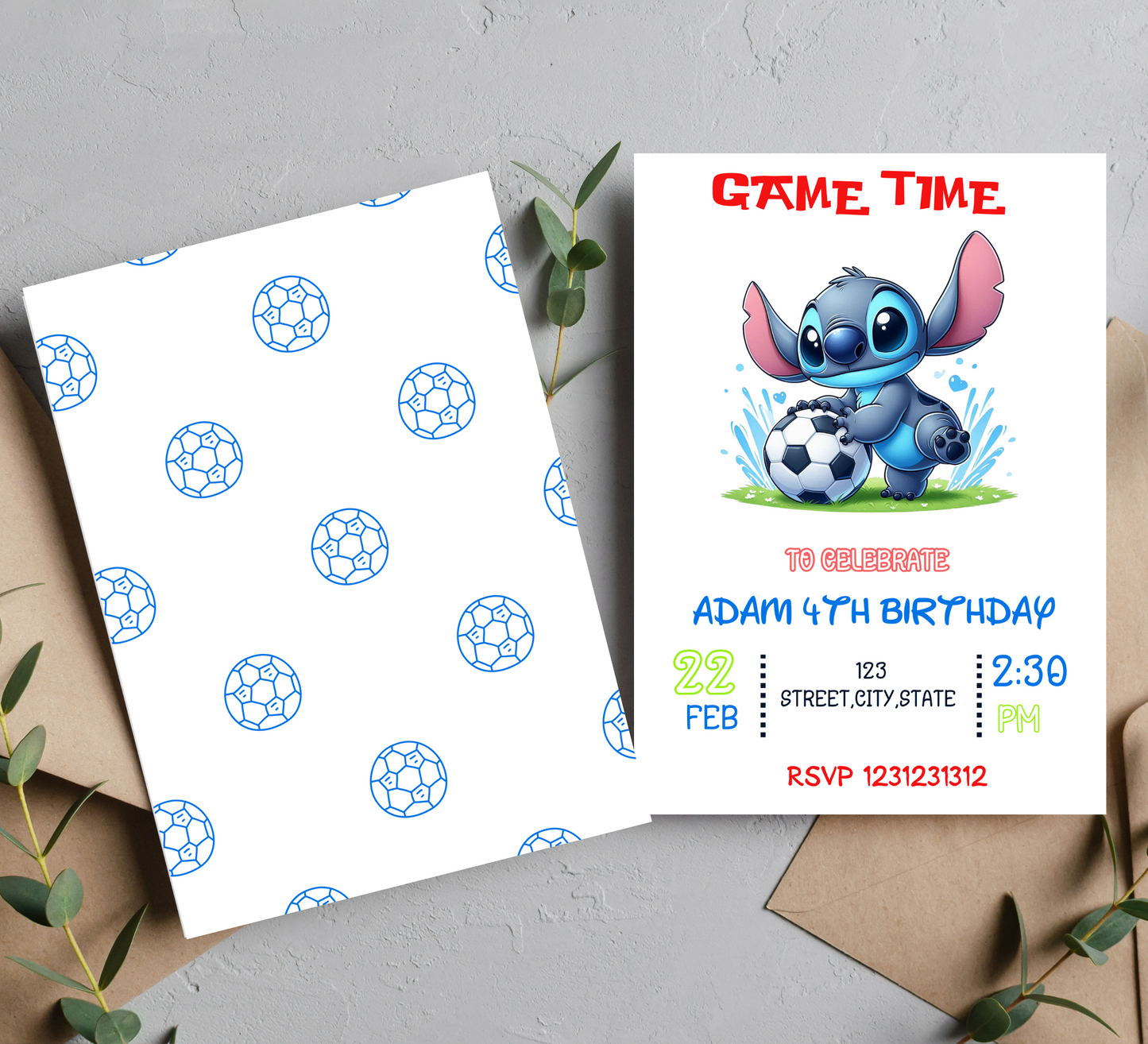 Stitch Football Birthday Invitation for Kids | Editable Canva Template | Kawaii Sports Party Invite | Printable Boys Birthday Invitation