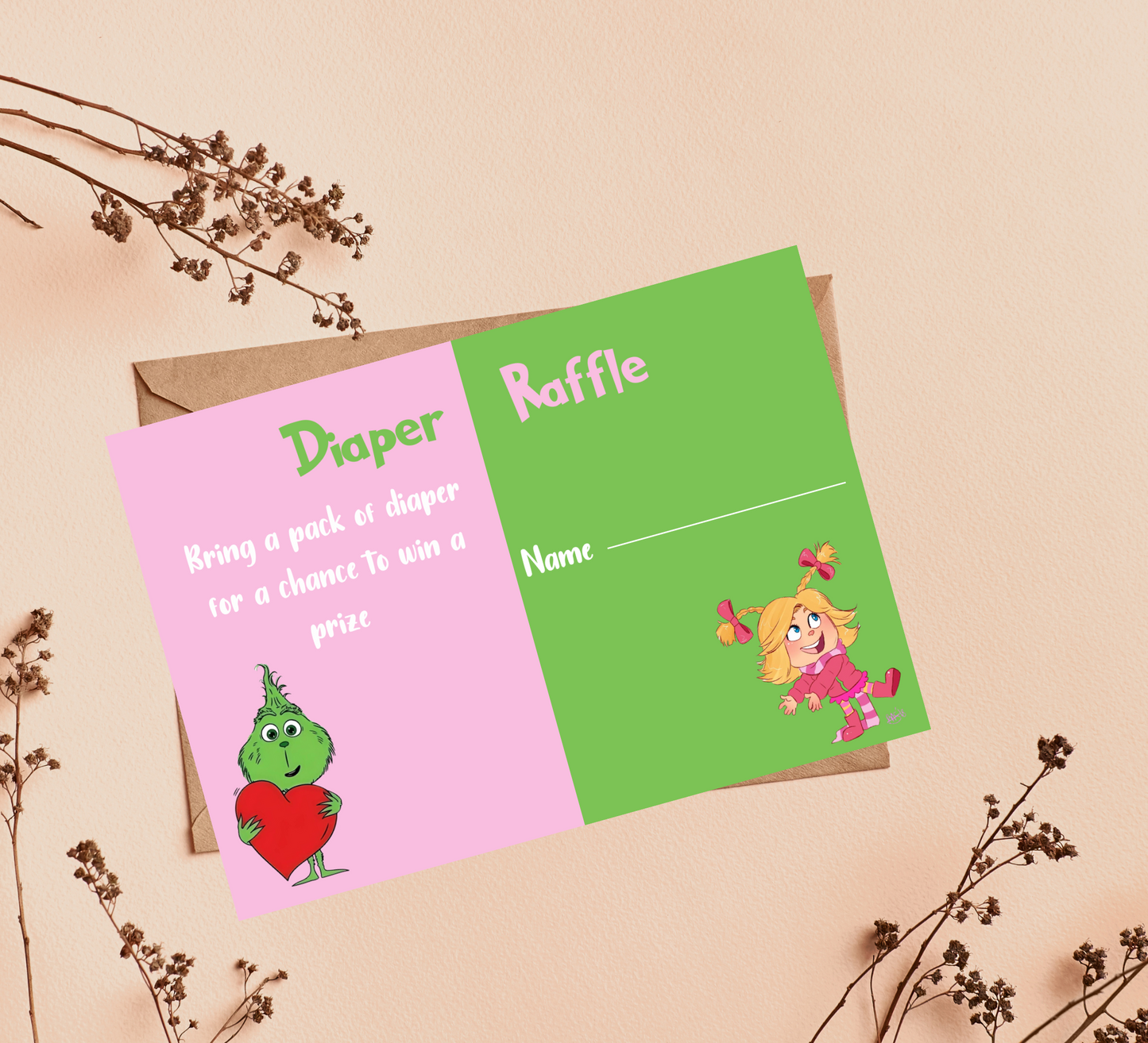 Grinch & Cindy Lou Diaper Raffle Tickets | Editable Canva Template | Printable Baby Shower Game | Holiday Themed Baby Shower