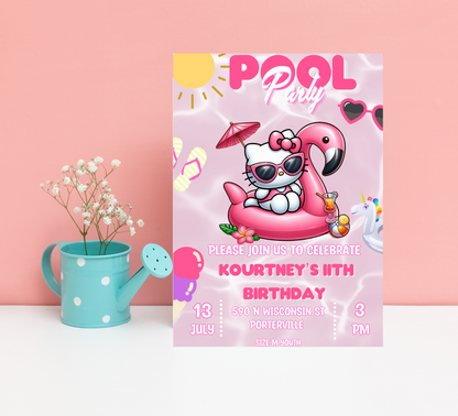 Hello Kitty Pool Flamingo Pink Birthday Invitation | Editable Canva Template | Summer Swim Party Invite | Printable Girls Birthday Invitation