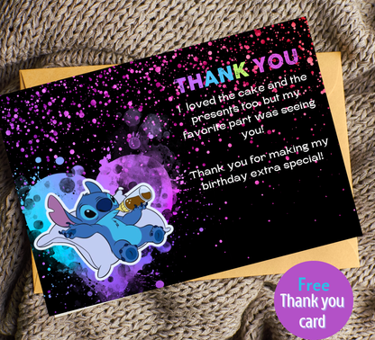 Stitch Neon Sleepover Birthday Invitation | Slumber Party Invite | Editable Canva Template | Kawaii Glow Party Printable
