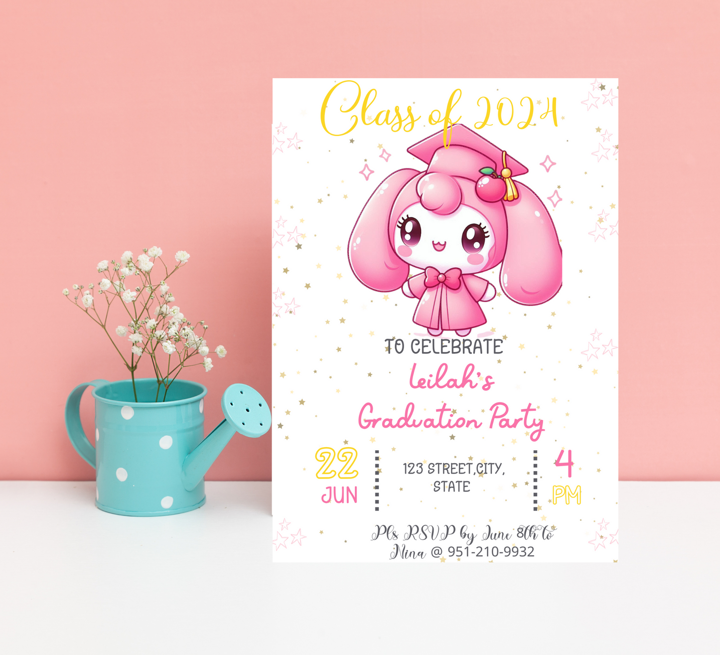 My Melody Pink Graduation Invitation | Kawaii Kindergarten & School Graduation Invite | Editable Canva Template | Cute Sanrio Graduation Printable