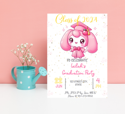 My Melody Pink Graduation Invitation | Kawaii Kindergarten & School Graduation Invite | Editable Canva Template | Cute Sanrio Graduation Printable