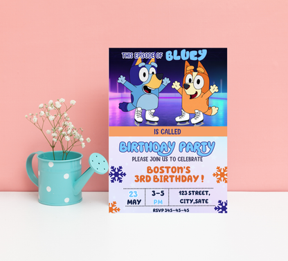 Bluey Ice Skating Winter Birthday Invitation | Editable Canva Template | Frozen Snow Birthday Party Invite | Printable Kids Winter Invitation