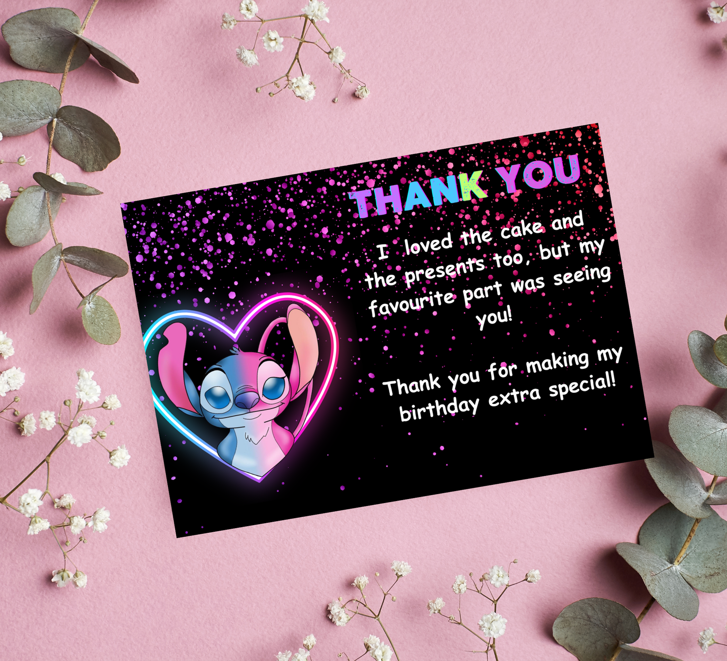 Stitch and Angel Neon Glow Birthday Invitation | Editable Canva Template | Kawaii Glow Party Invite | Cute Neon Birthday