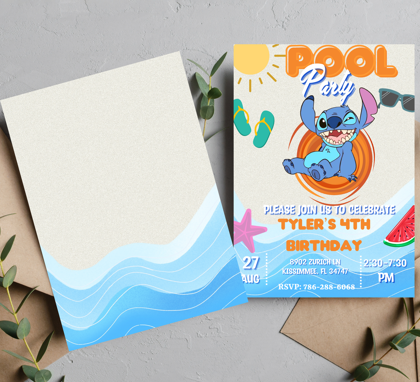 Stitch Orange Pool Birthday Invitation | Tropical Summer Swim Party | Editable Canva Template