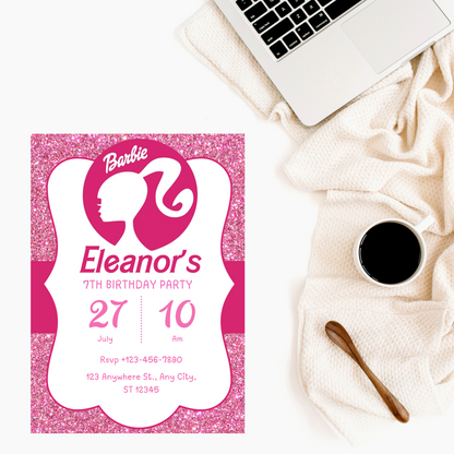 Barbie Glitter Pink Birthday Invitation | Sparkly Barbie Party Invite | Editable Canva Template | Printable Girls Birthday Invitation