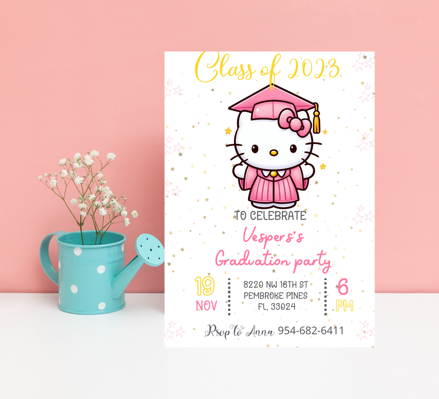 Hello Kitty Pink Graduation Invitation for Kids | Editable Canva Template | Cute Kawaii Graduation Party Invite | Printable Celebration Invitation