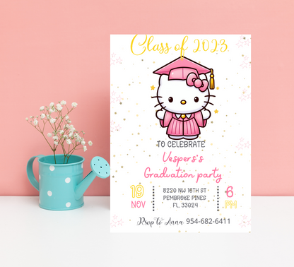 Hello Kitty Pink Graduation Invitation for Kids | Editable Canva Template | Cute Kawaii Graduation Party Invite | Printable Celebration Invitation