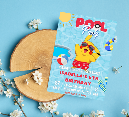 Pikachu Pokémon Red Pool Birthday Invitation | Summer Swim Party Invite | Editable Canva Template | Pokémon Kids Birthday Printable
