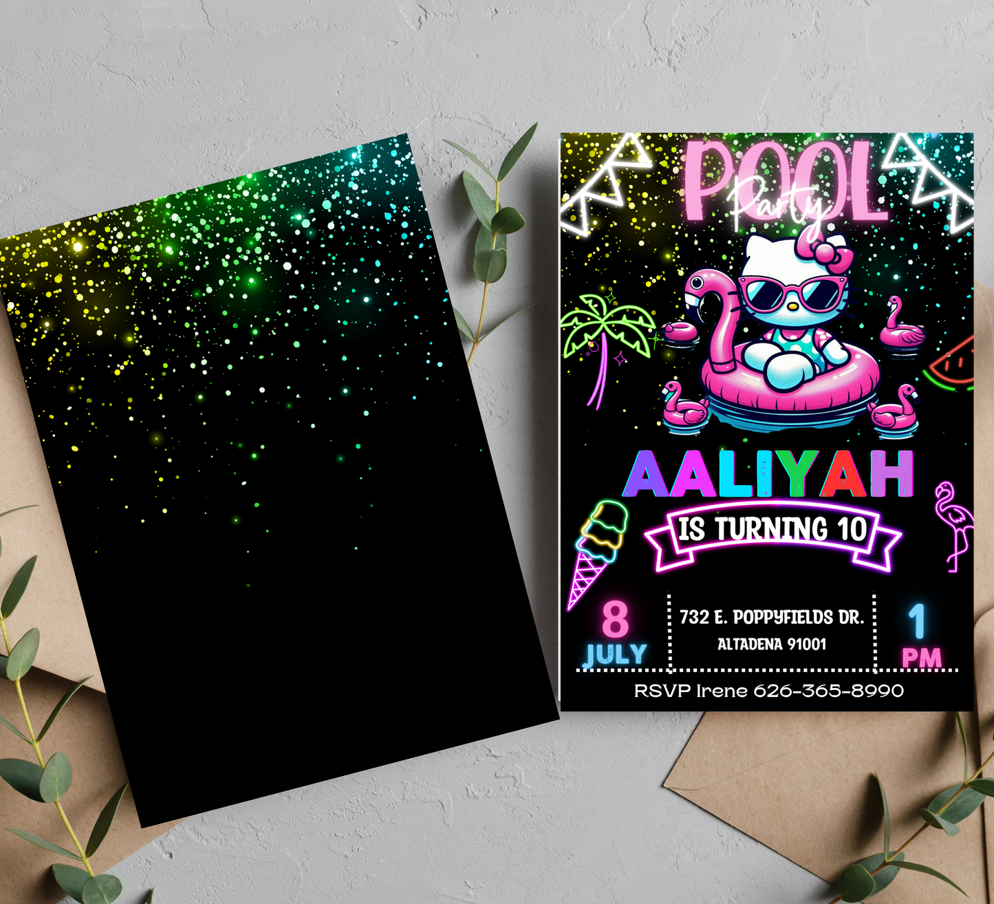 Hello Kitty Pool Neon Birthday Invitation | Editable Glow Pool Party Invite for Girls | Cute & Customizable Summer Birthday Template