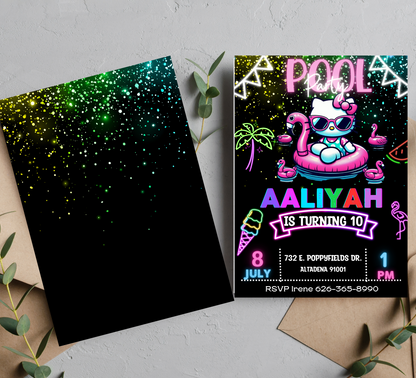 Hello Kitty Pool Neon Birthday Invitation | Editable Glow Pool Party Invite for Girls | Cute & Customizable Summer Birthday Template