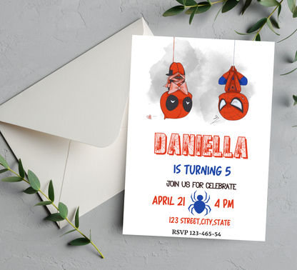 Spiderman & Deadpool Birthday Invitation | Superhero Comic Party | Editable Canva Template