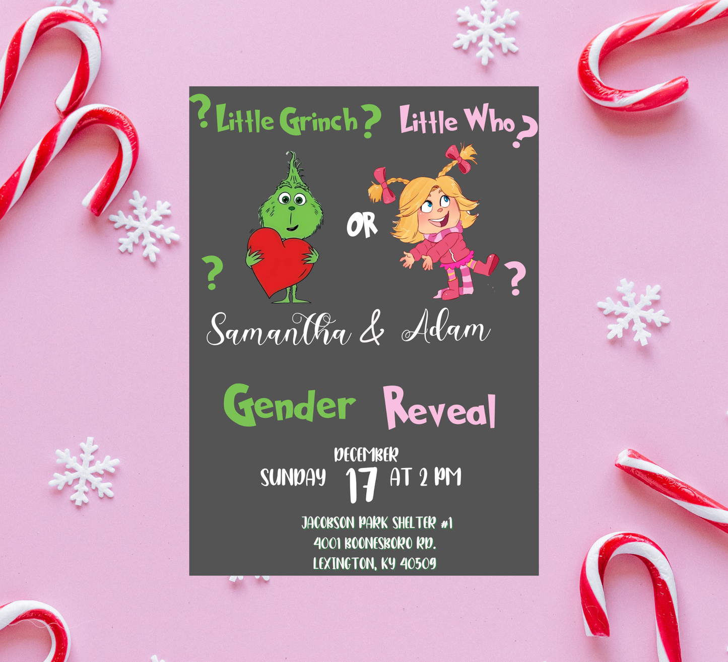 Grinch & Cindy Lou Christmas Gender Reveal Invitation | Pink & Green Holiday Reveal | Editable Template