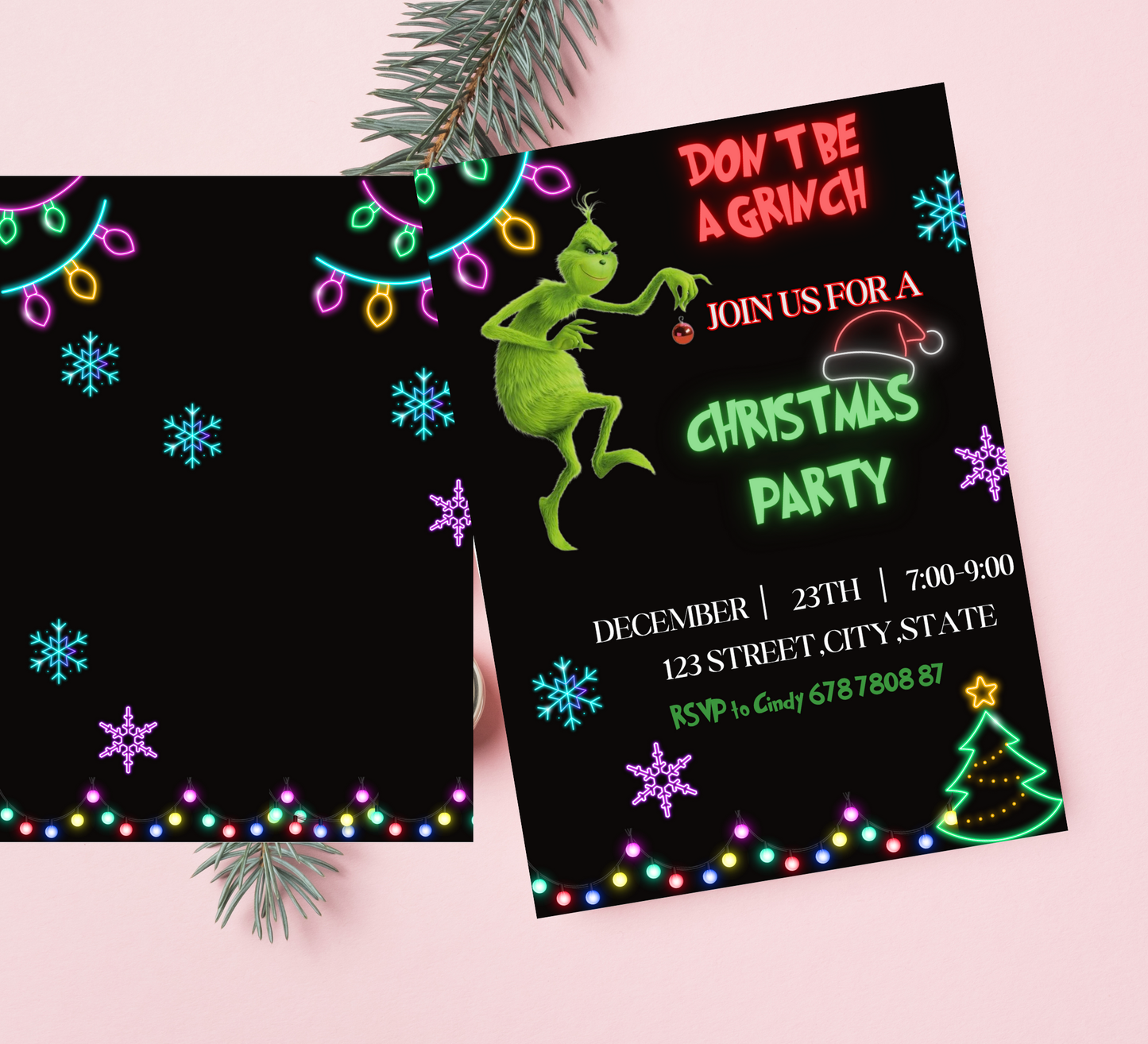Grinch Neon Green Christmas Party Invitation | Bright Grinchmas Invite | Editable Template