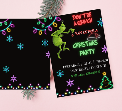 Grinch Neon Green Christmas Party Invitation | Bright Grinchmas Invite | Editable Template