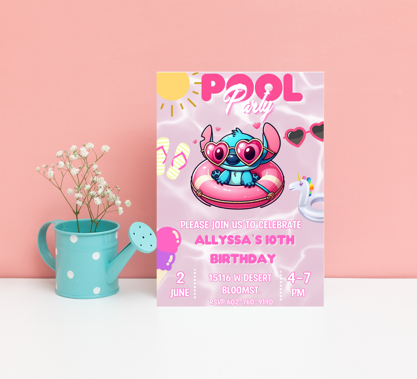 Stitch Pink Pool Birthday Invitation | Tropical Girl's Swim Party | Editable Canva Template | Pink Stitch Summer Bash | Hibiscus Floral Pool Invite