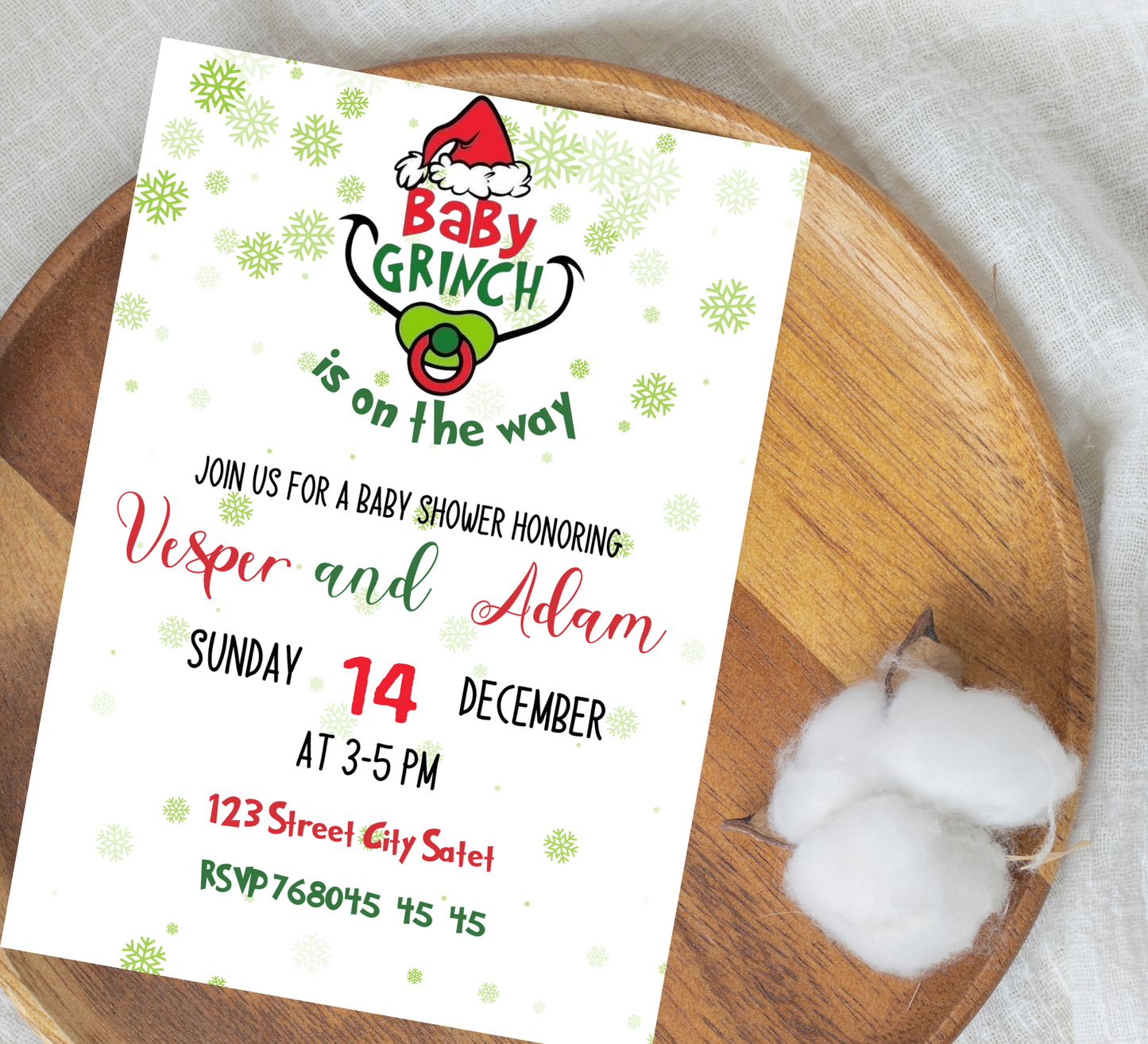 Grinch Christmas Winter Baby Shower Invitation | Editable Canva Template | Holiday Themed Baby Shower Invite | Printable Baby Shower Invitation
