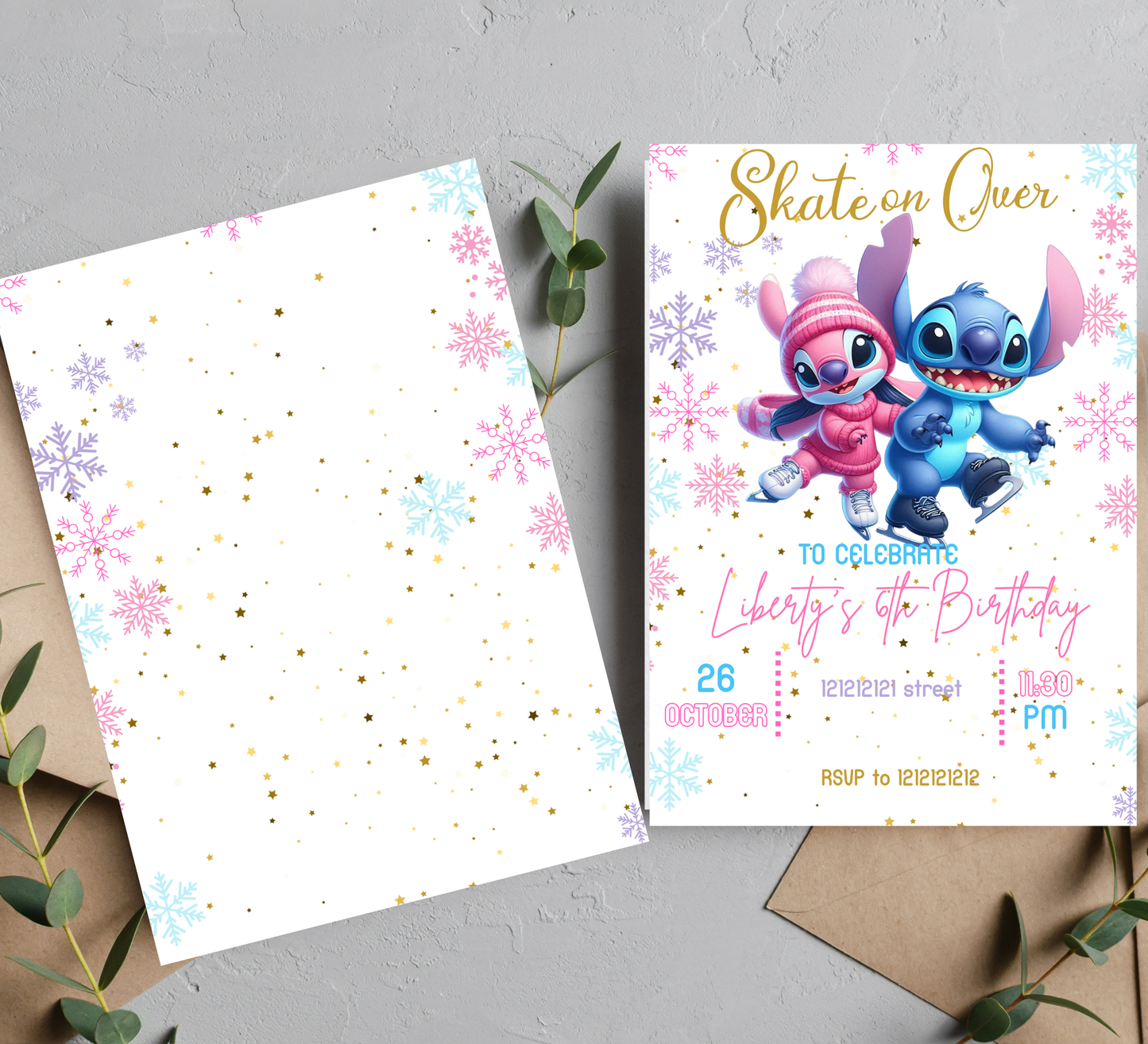 Angel & Stitch Winter Ice Skating Birthday Invitation | Cute Winter Party | Editable Template
