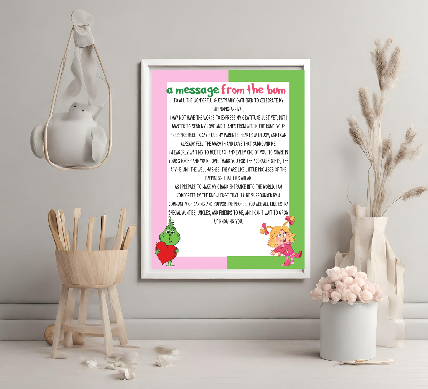 Grinch & Cindy Lou “Message From the Bump” Baby Shower Template | Editable Canva Gender Neutral Baby Sign | Christmas Baby Shower Printable