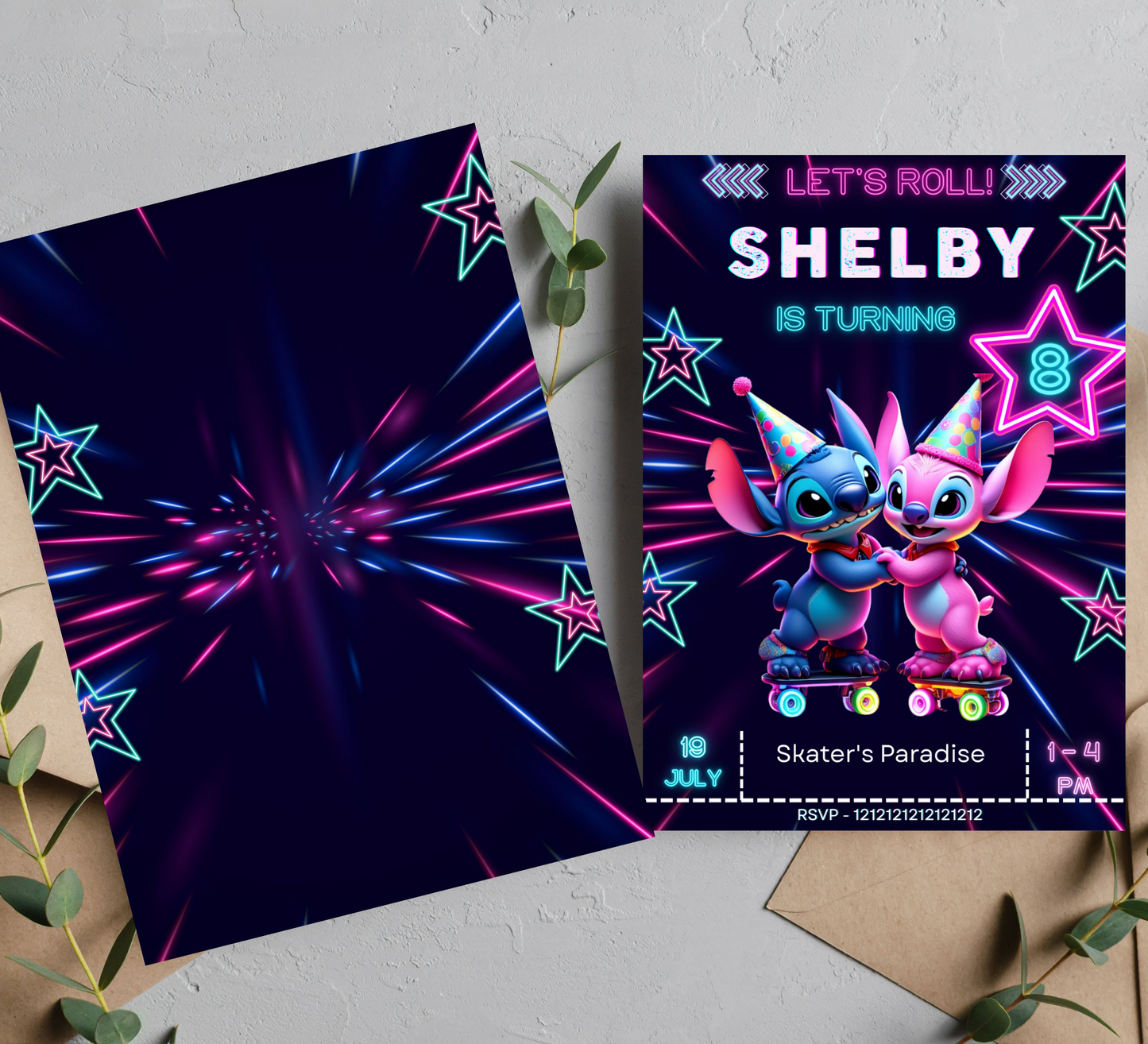 Stitch & Angel Neon Roller Skating Birthday Invitation | Editable Canva Template | Glow Party Kids Birthday Invite | Printable Superhero Party Invitation