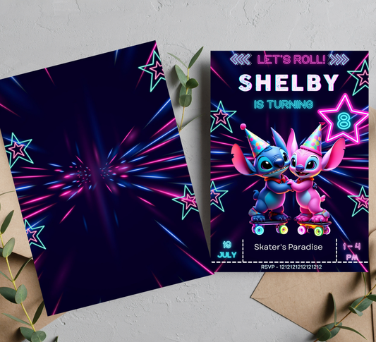 Stitch & Angel Neon Roller Skating Birthday Invitation | Editable Canva Template | Glow Party Kids Birthday Invite | Printable Superhero Party Invitation
