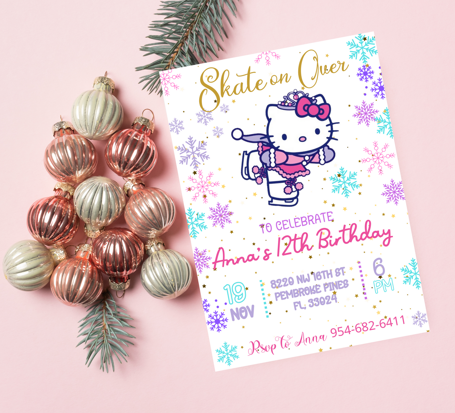 Hello Kitty Ice Skating Winter Birthday Invitation | Editable Canva Template | Snowy Slumber Party Invite | Printable Kids Birthday Invitation
