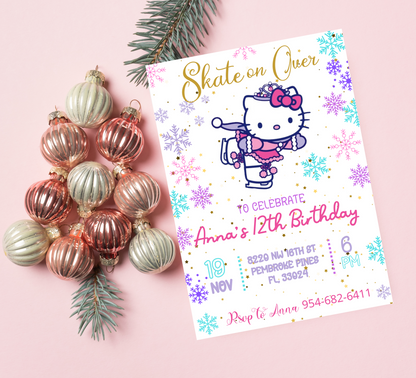 Hello Kitty Ice Skating Winter Birthday Invitation | Editable Canva Template | Snowy Slumber Party Invite | Printable Kids Birthday Invitation