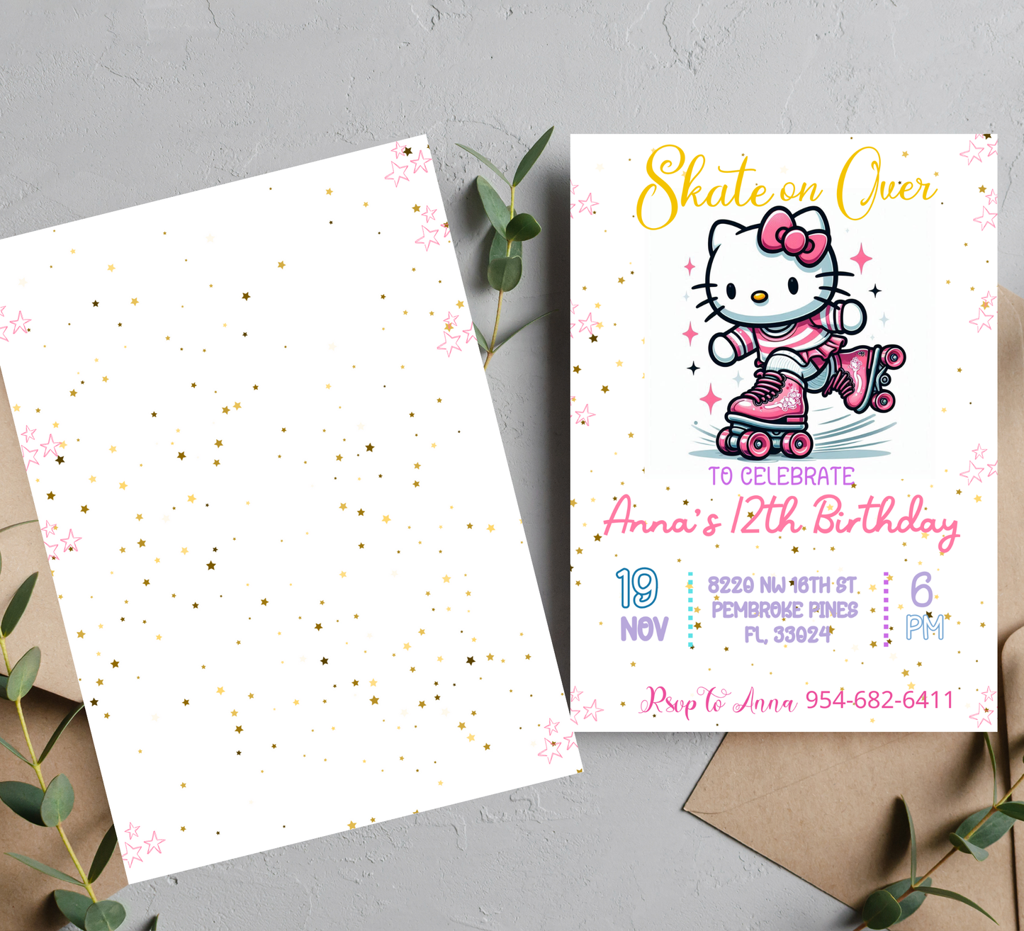 Hello Kitty Kawaii Roller Skating Birthday Invitation | Cute Skating Party | Editable Template