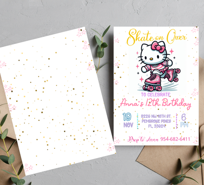 Hello Kitty Kawaii Roller Skating Birthday Invitation | Cute Skating Party | Editable Template