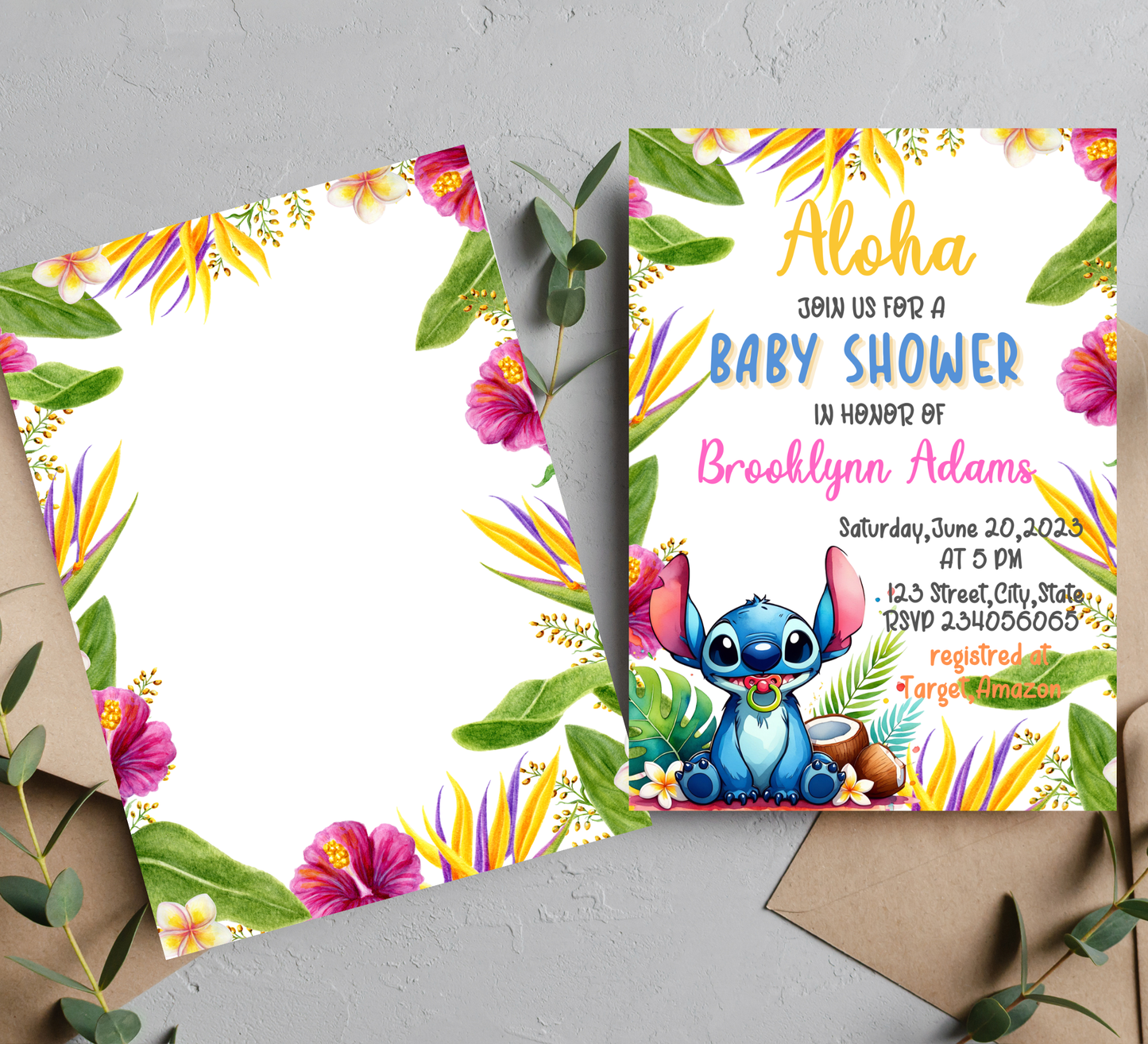 Stitch Aloha Tropical Baby Shower Invitation | Ohana Baby Shower Invite | Editable Canva Template | Tropical Gender Neutral Baby Shower