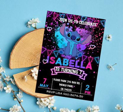 Neon Stitch Birthday Party Invitation | Glow Party Invite | Editable Canva Template | Bright Cute Printable Birthday Invitation