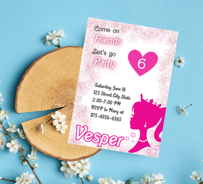 Barbie Pink Glitter Birthday Invitation | Glam Doll Party Invite | Editable Digital Template