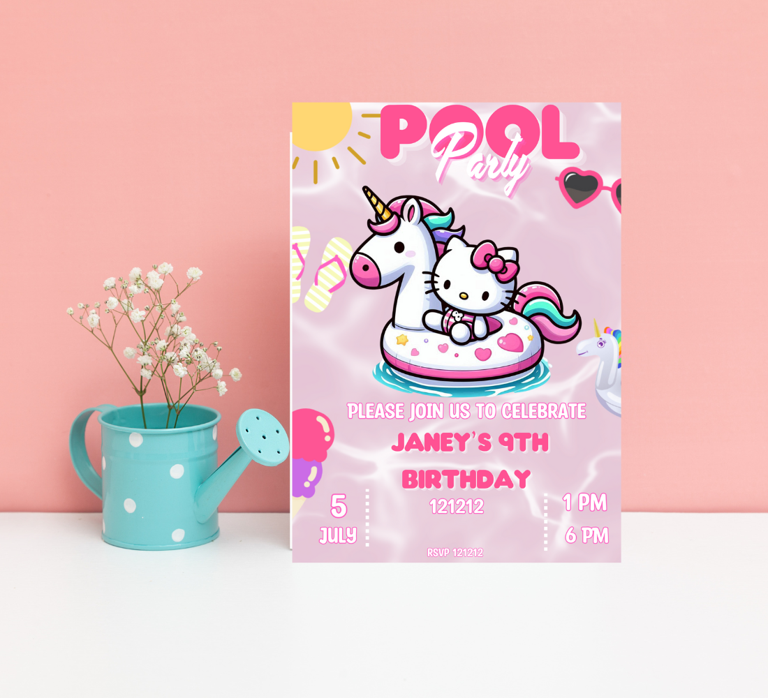 Hello Kitty Unicorn Pool Birthday Invitation | Editable Canva Template | Kawaii Summer Swim Party Invite | Printable Girls Birthday Invitation
