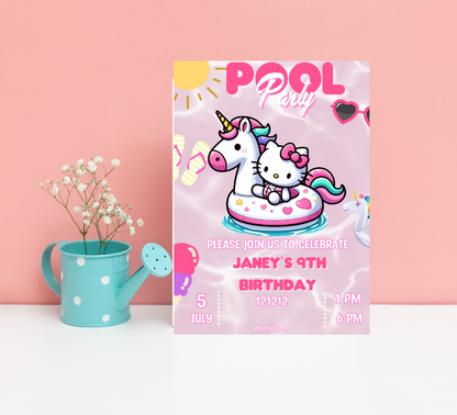 Hello Kitty Unicorn Pool Birthday Invitation | Editable Canva Template | Kawaii Summer Swim Party Invite | Printable Girls Birthday Invitation