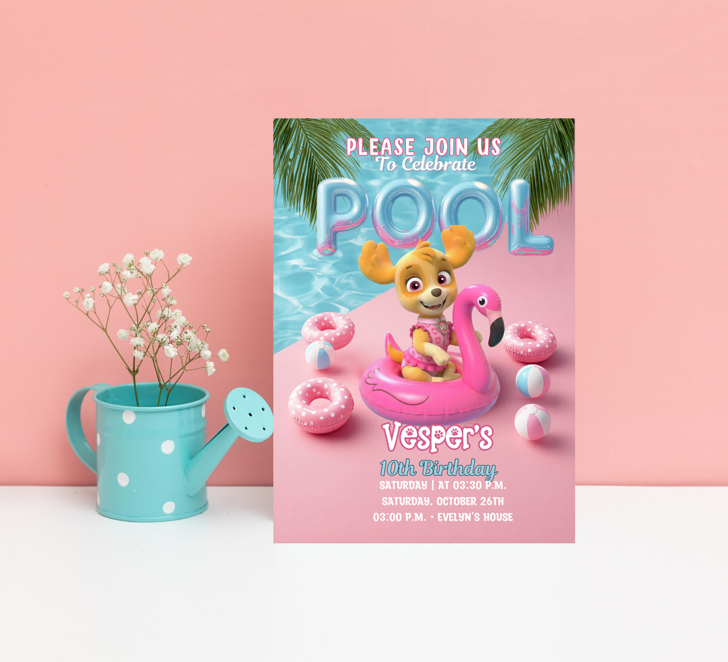Skye PAW Patrol Pool Birthday Invitation – Editable Canva Template – Pink Girl’s Summer Swim Party Invite – High-Flying Splash Birthday Invitation