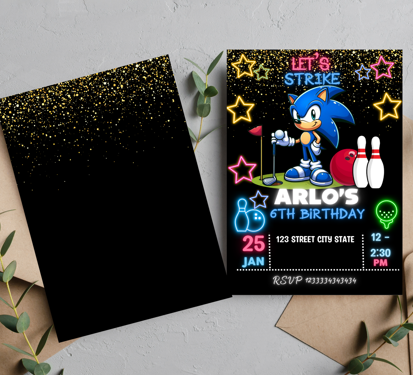 Sonic Golf Bowling Birthday Neon Kid Party Invitation | Cute Glow Party Editable Canva Template