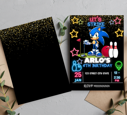 Sonic Golf Bowling Birthday Neon Kid Party Invitation | Cute Glow Party Editable Canva Template