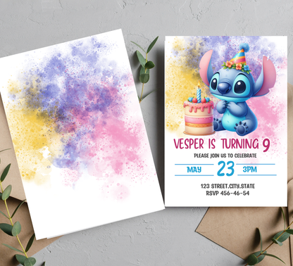 Stitch Watercolor Birthday Invitation 🎨💙 | Cute Kawaii Party Invite | Editable Canva Template