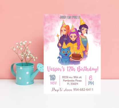 K-Pop Demon Hunters Birthday Invitation – Editable Canva Template – Rumi Mira Zoye Anime Invite – Kawaii Cyber Pop & Idol Core Party Printable