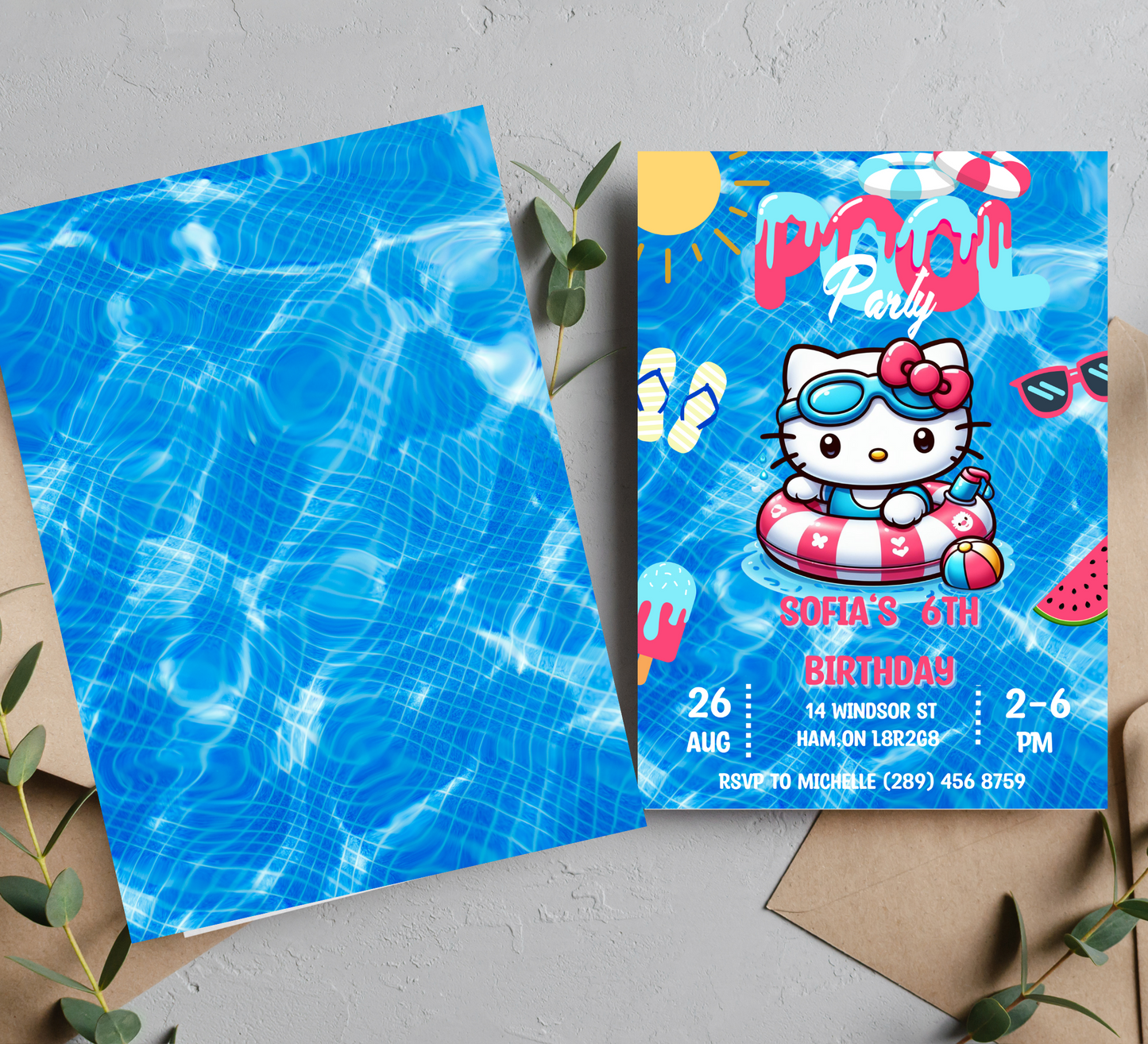 Hello Kitty Blue Pool Birthday Invitation | Kawaii Summer Swim Party Invite | Editable Canva Template | Printable Girls Birthday Invitation