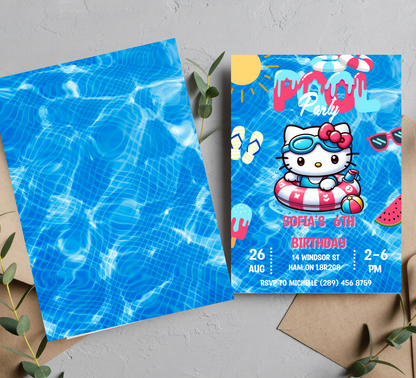 Hello Kitty Blue Pool Birthday Invitation | Kawaii Summer Swim Party Invite | Editable Canva Template | Printable Girls Birthday Invitation