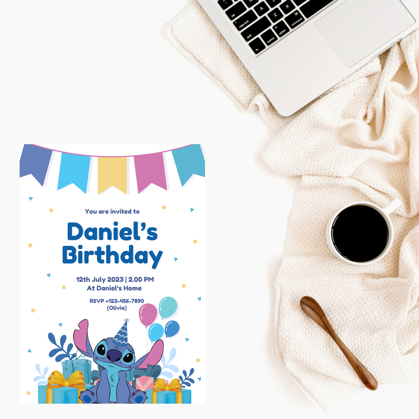 Stitch Blue Birthday Invitation 💙🎉 | Cute Kids Party Invite | Editable Digital Template