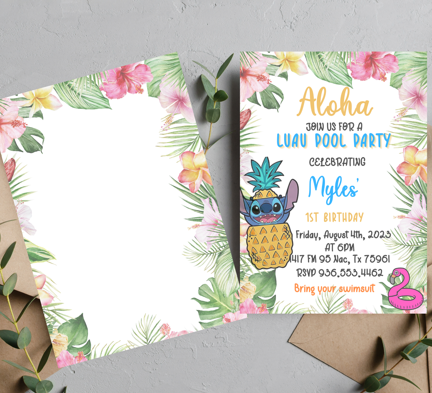 Stitch Aloha Luau Pool Birthday Invitation 🌺💦 | Tropical Hawaiian Party | Editable Digital Template