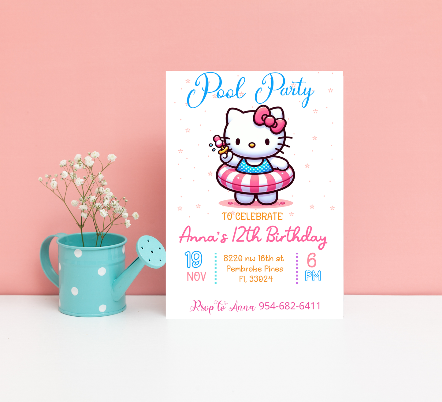 Hello Kitty Flower Pool Birthday Invitation 🌸🎀💦 | Floral Summer Swim Party | Editable Canva Template