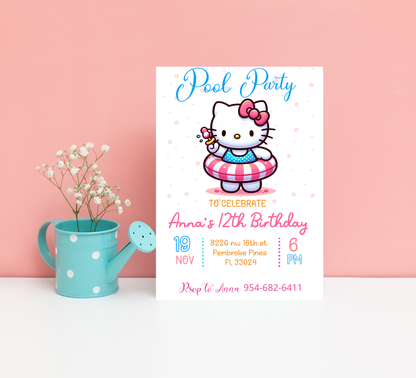 Hello Kitty Flower Pool Birthday Invitation 🌸🎀💦 | Floral Summer Swim Party | Editable Canva Template