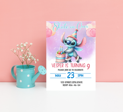 Stitch Watercolor Roller Skating Birthday Invitation | Editable Canva Template | Cute Kids Party Invite | Printable Birthday